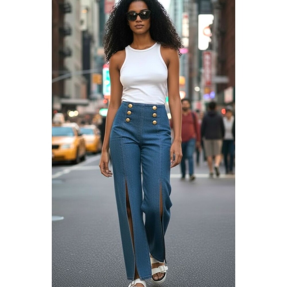70s Disco Sailor Button Flare Pants Slit Wide Leg Like an Angel M